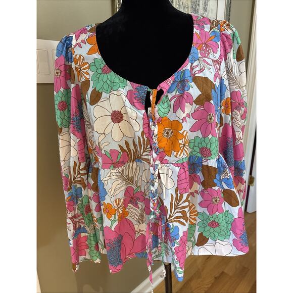Tuckernuck Wild Rhapsody Floral Retro Baskin Print Cotton Top Tie Neck XL New - Picture 1 of 14